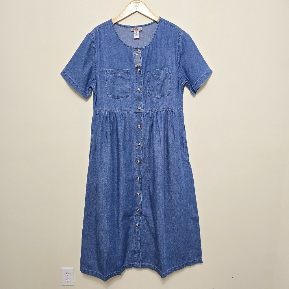 NWOT Vtg 90's Denim Maxi Dress Sz L Button Up Cotton Pockets Cottagecore Western - Picture 2 of 12